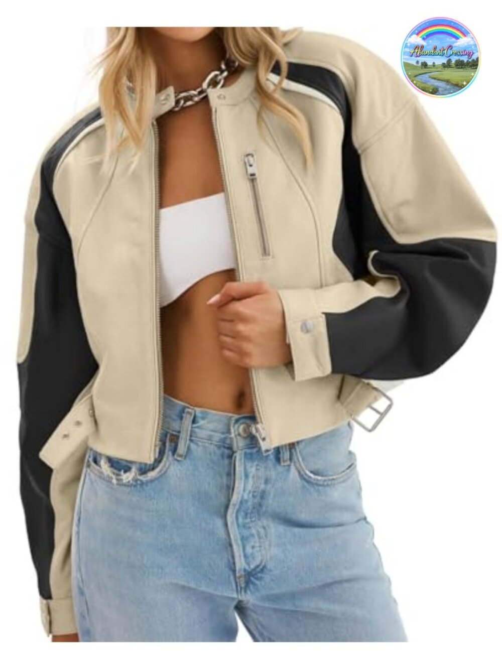 Women's Faux Leather Cropped Bomber Jacket Moto Biker Coat Zip Closure